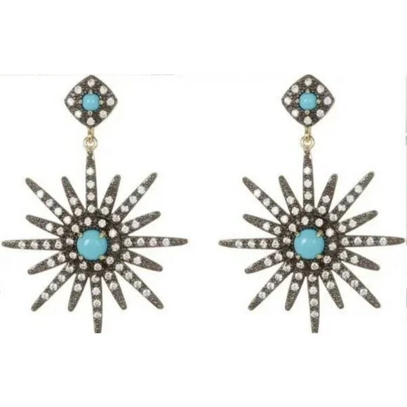 Adornia 14K Gold Vermeil Turquoise Swarovski Crystal Accented Starburst Earrings - Picture 1 of 2